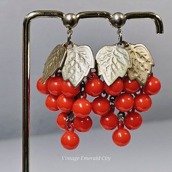 Antique Coral Bunch Grapevine Earrings Golden Leafs Victorian Clusters Dangle - Picture 2 of 12